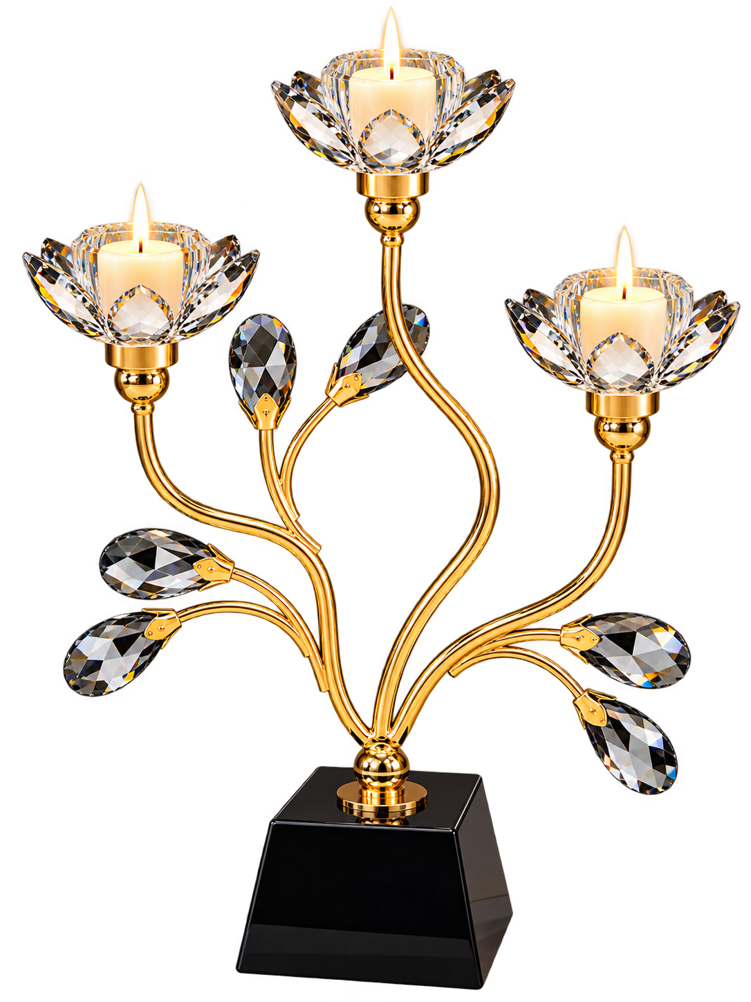 Luxury Crystal Lotus 3-Cup Candle Holder – Gold Floral Candle Stand with Black Crystal Base