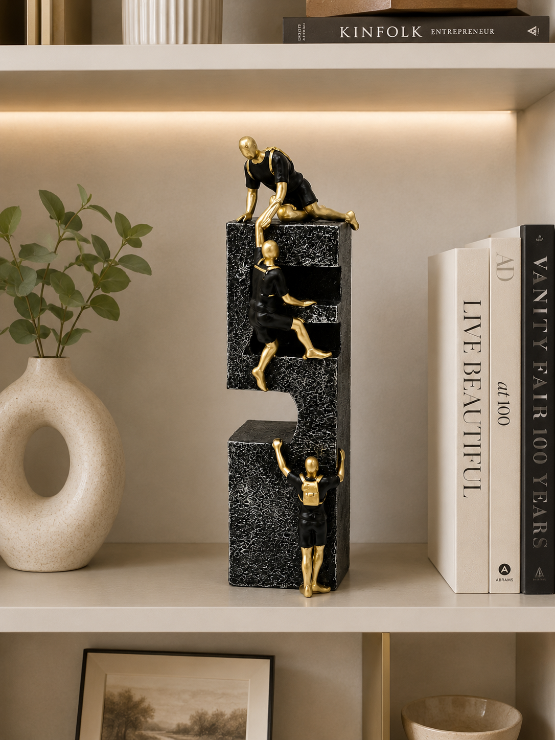 Luxury 3-Person Climbing Man Sculpture – Black & Gold Modern Decorative Showpiece