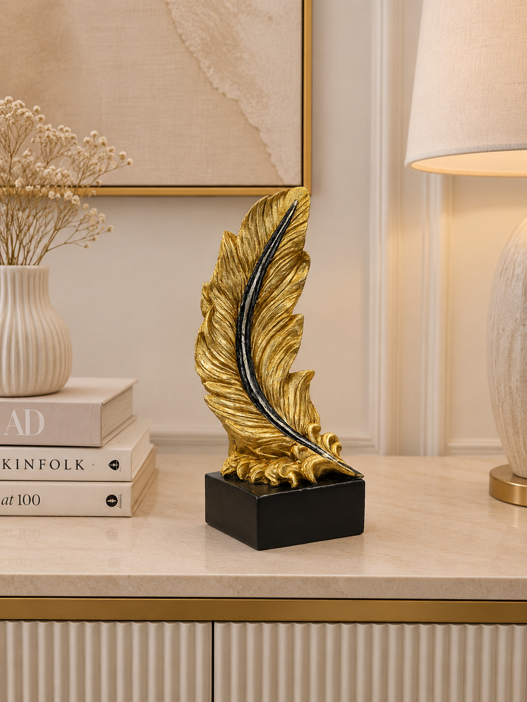 Luxury Gold Feather Sculpture | Modern Resin Tabletop Decorative Accent
