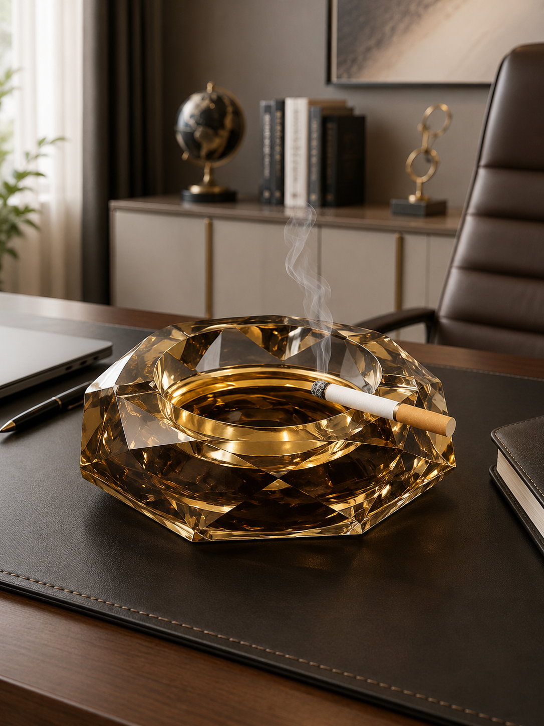 Luxury Crystal Glass Ashtray | Faceted Amber Crystal Cigarette Ashtray | Modern Tabletop Smoking Accessory