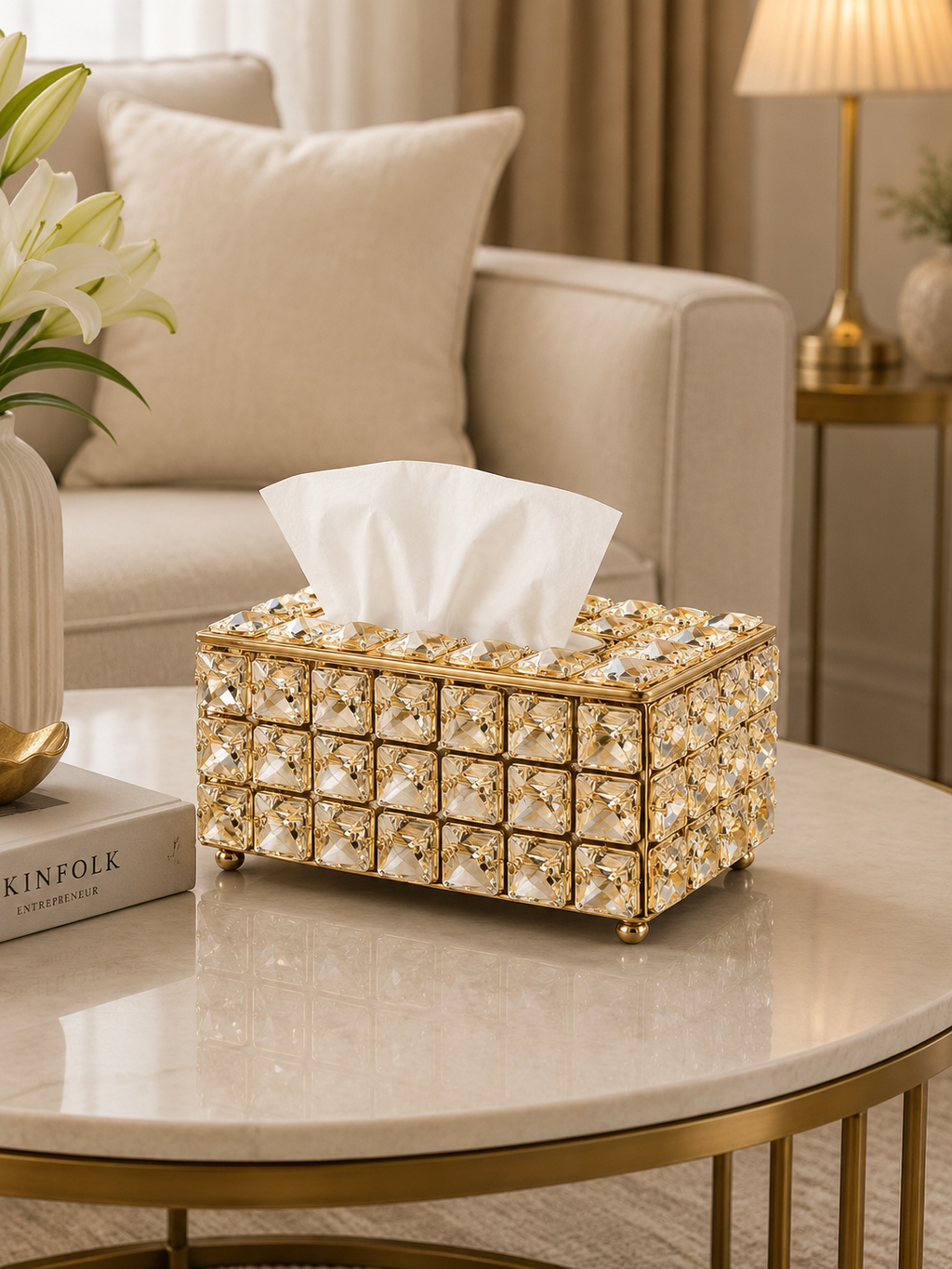 Luxury Crystal Tissue Box Holder | Gold Decorative Tissue Case | Premium Rhinestone Tissue Organizer for Home & Vanity