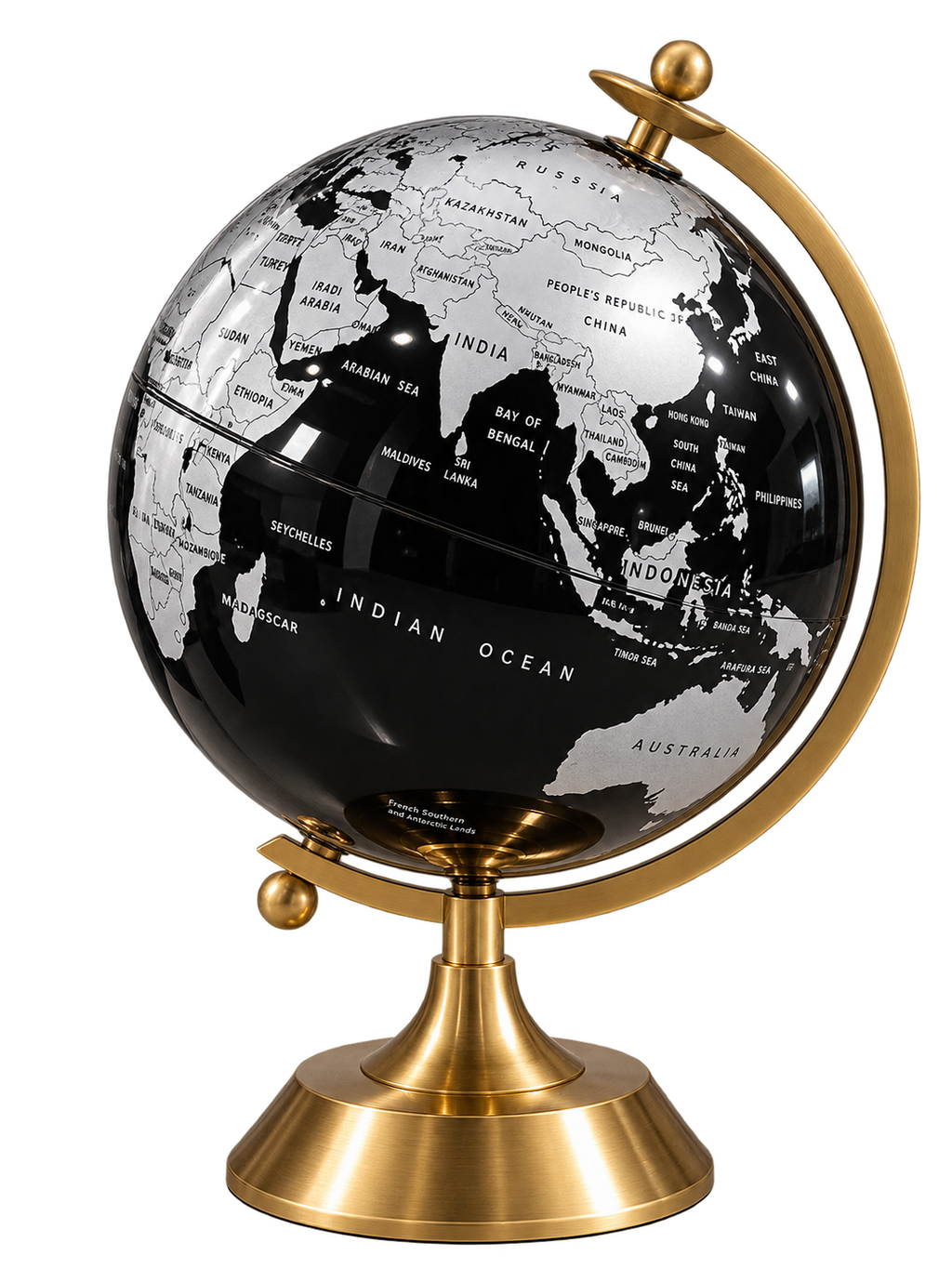 Luxury Black & Silver World Globe with Gold Stand – Decorative Rotating Tabletop Globe