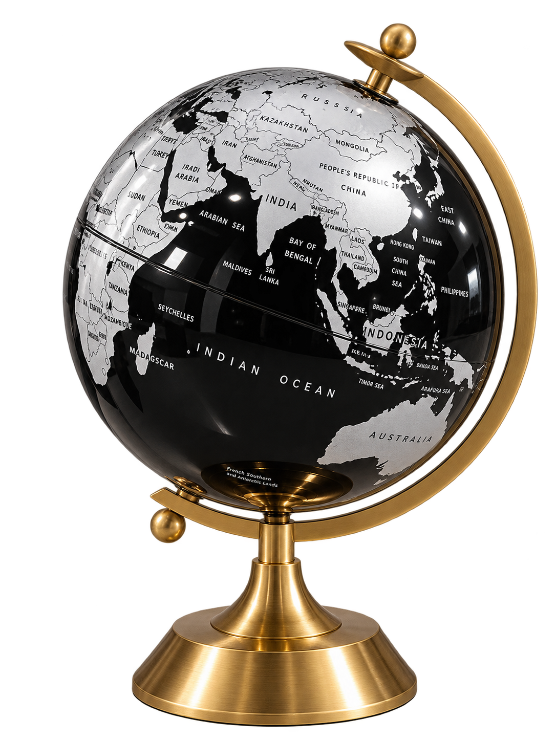 Luxury Black & Silver World Globe with Gold Stand – Decorative Rotating Tabletop Globe