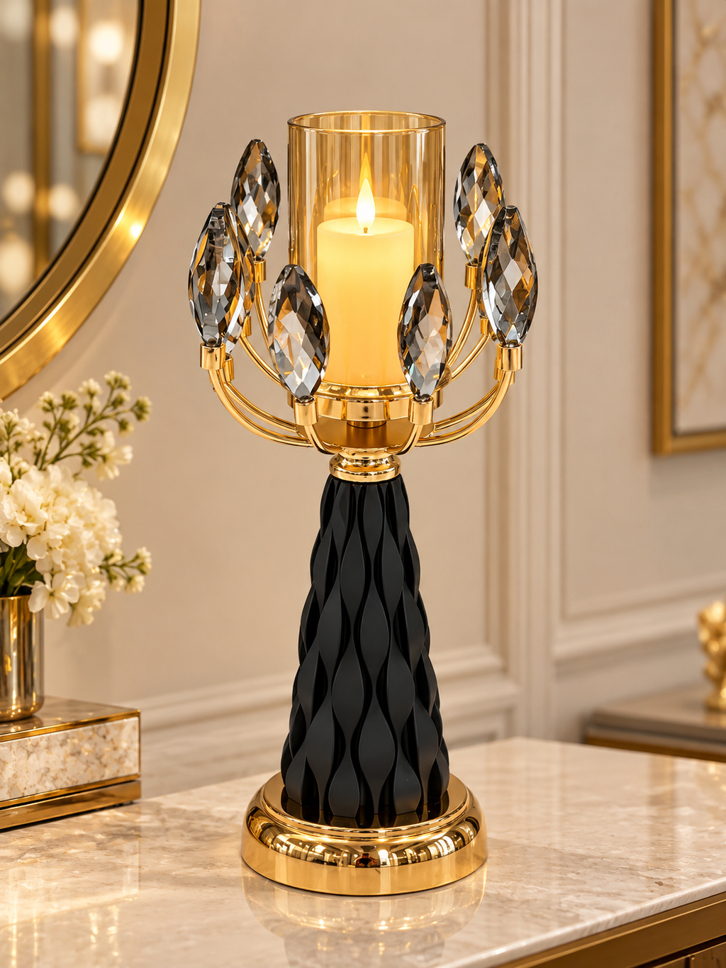 Luxury Black & Gold Crystal Candle Holder – Elegant Leaf Design