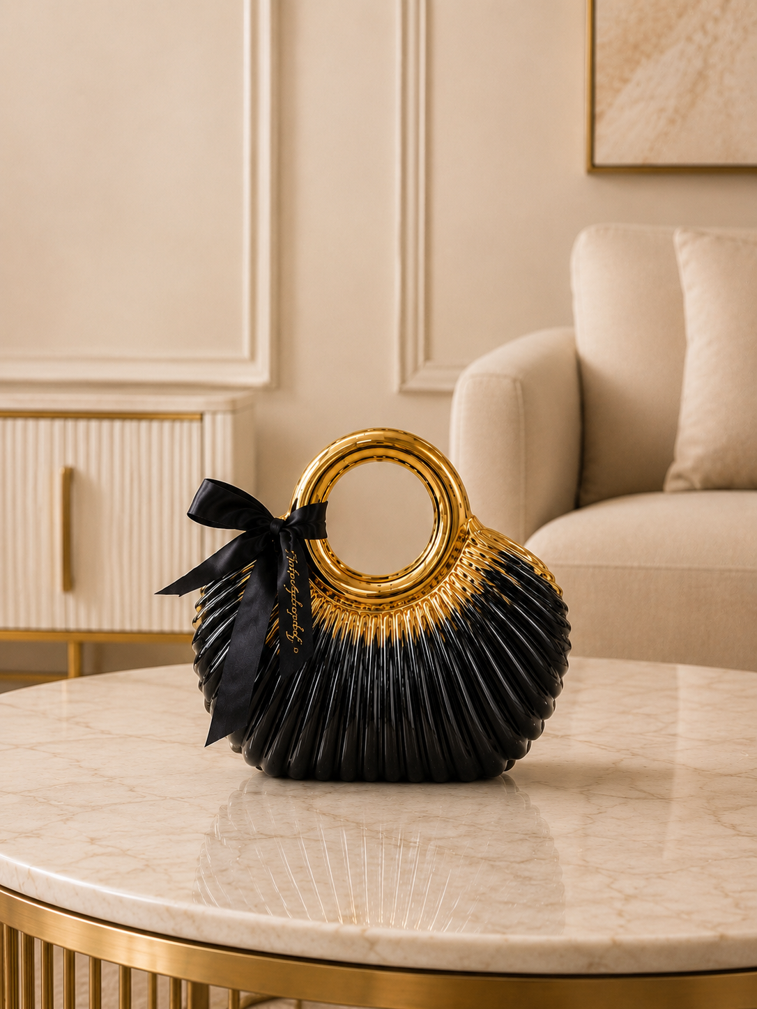 Luxury Ribbed Decorative Handbag Vase – Elegant Tabletop Accent with Ring Handle