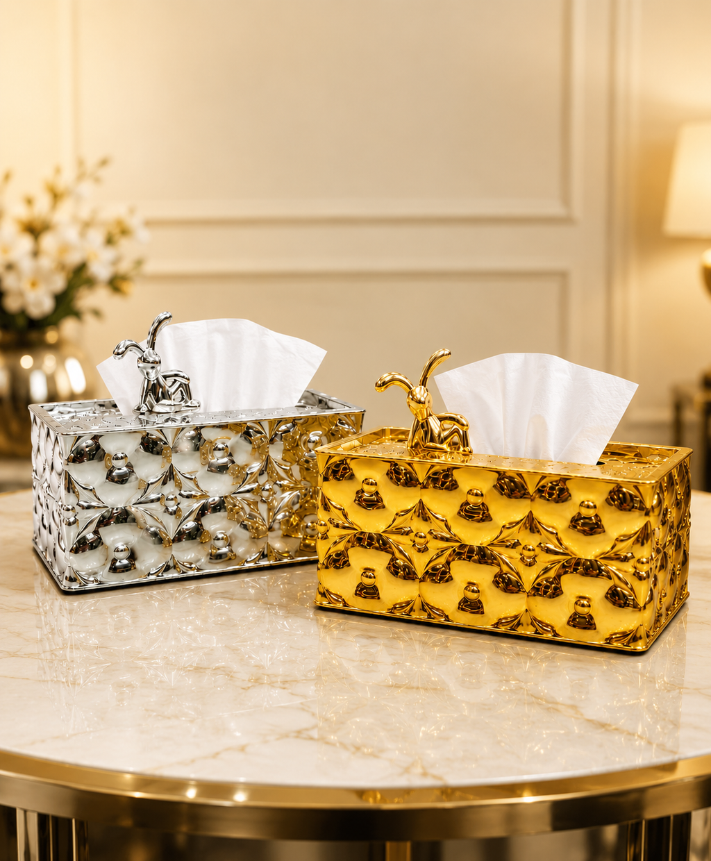Luxury Rabbit Decorative Tissue Box Holder | Modern Gold & Silver Tissue Paper Storage Box for Living Room & Dining Table.