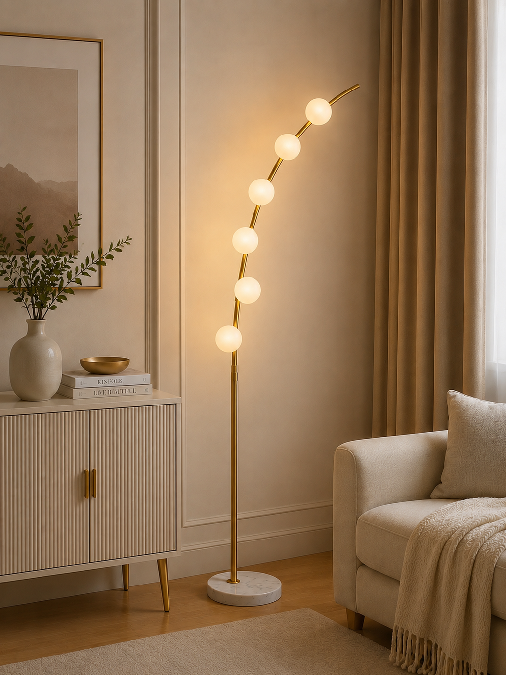 Modern 6-Globe Arch Floor Lamp with Marble Base – Luxury Gold Standing Lamp for Living Room & Bedroom