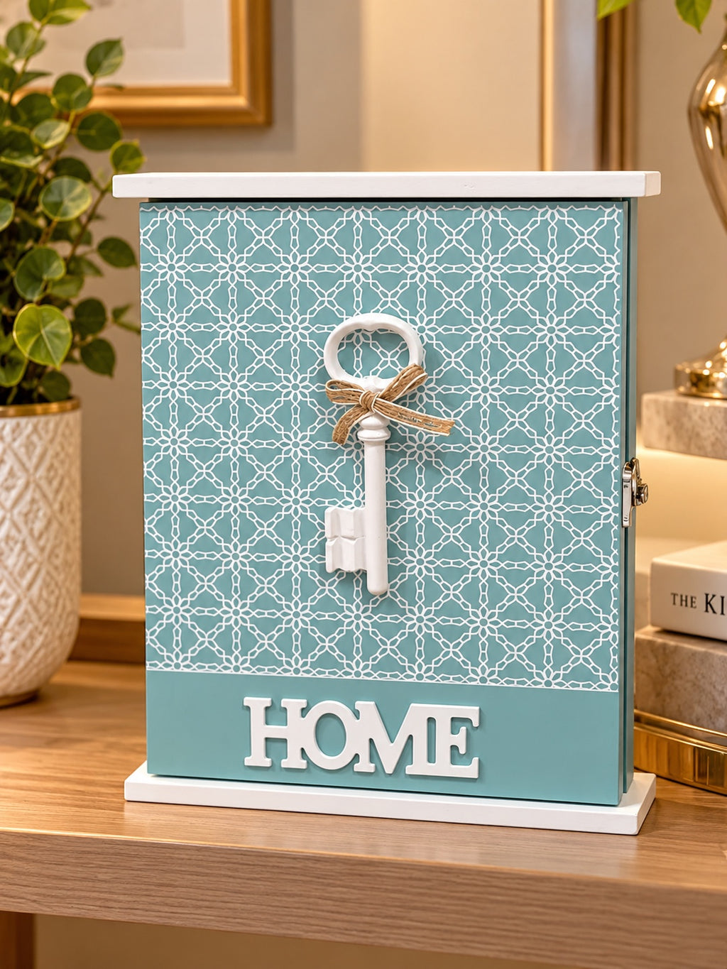 Decorative Key Holder Box – Teal Wooden Wall-Mounted Key Organizer with Key Design