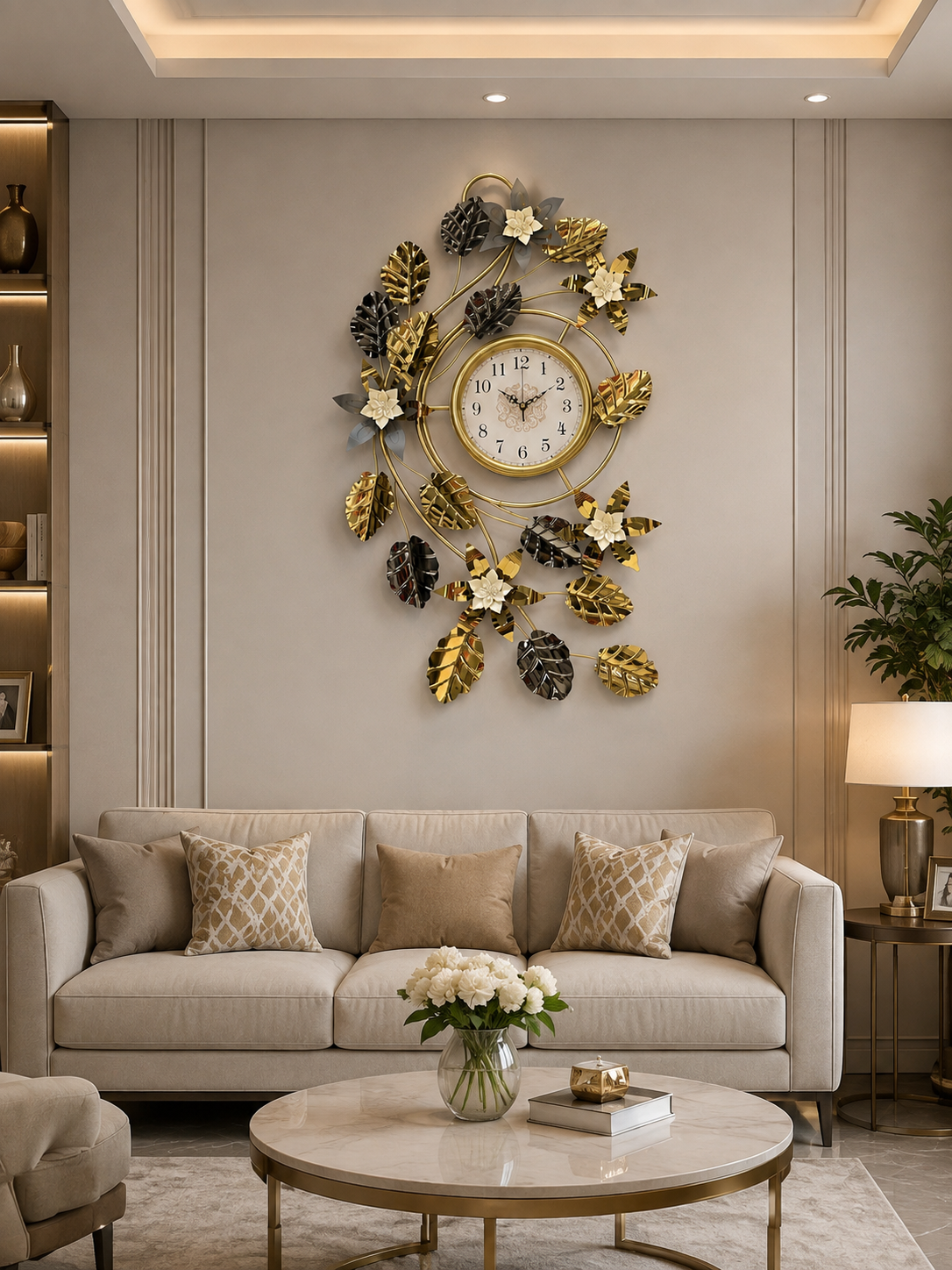 Luxury Golden & Black Floral Leaf Wall Clock – Decorative Metal Art Clock