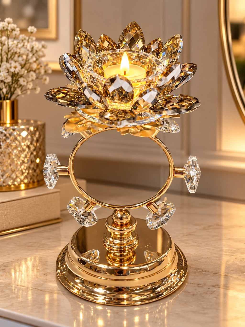 Luxury Crystal Lotus Candle Holder – Gold Decorative Table Centerpiece