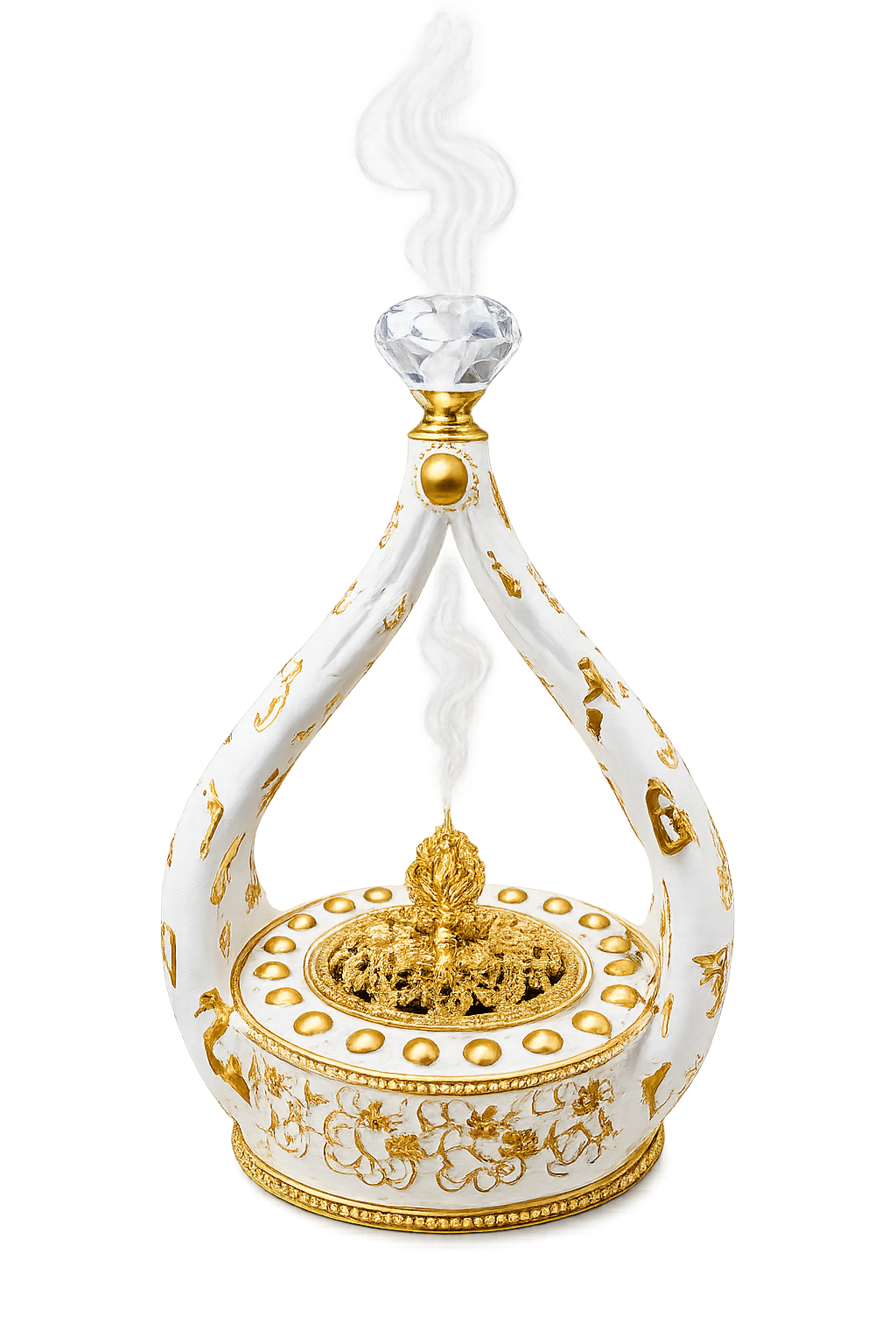 Luxury White & Gold Decorative Bakhoor Burner with Crystal Handle | Traditional Incense Burner | Islamic Home Décor