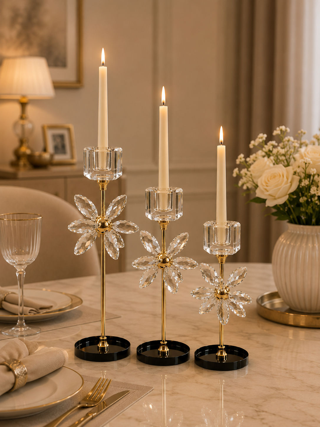 Luxury Crystal Flower Taper Candle Holder Set of 3 – Gold Metal Candle Stand with Crystal Glass Cups
