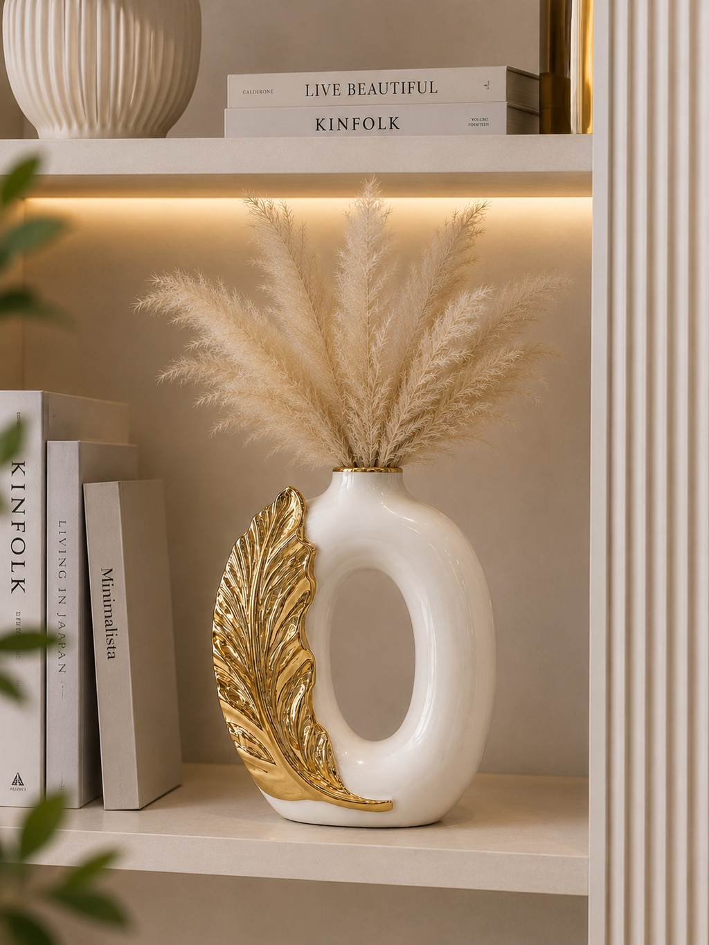 Luxury White & Gold Leaf Ceramic Decorative Vase – Modern Hollow Home Décor Accent