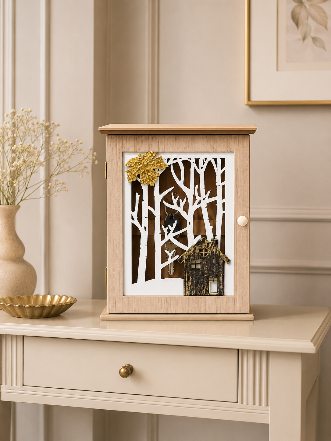 Decorative Wooden Wall-Mounted Key Holder Cabinet with Forest House Design