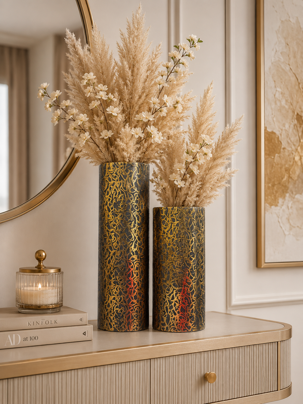 Luxury Black & Gold Decorative Cylinder Vase Set (2 Pieces) – Modern Metal Flower Vases for Home Décor
