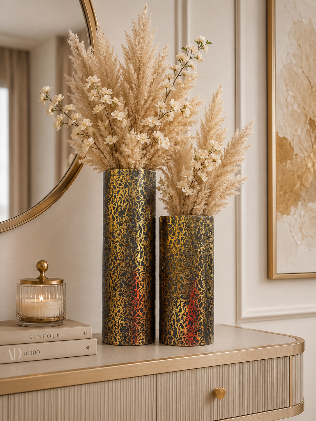 Luxury Black & Gold Decorative Cylinder Vase Set (2 Pieces) – Modern Metal Flower Vases for Home Décor