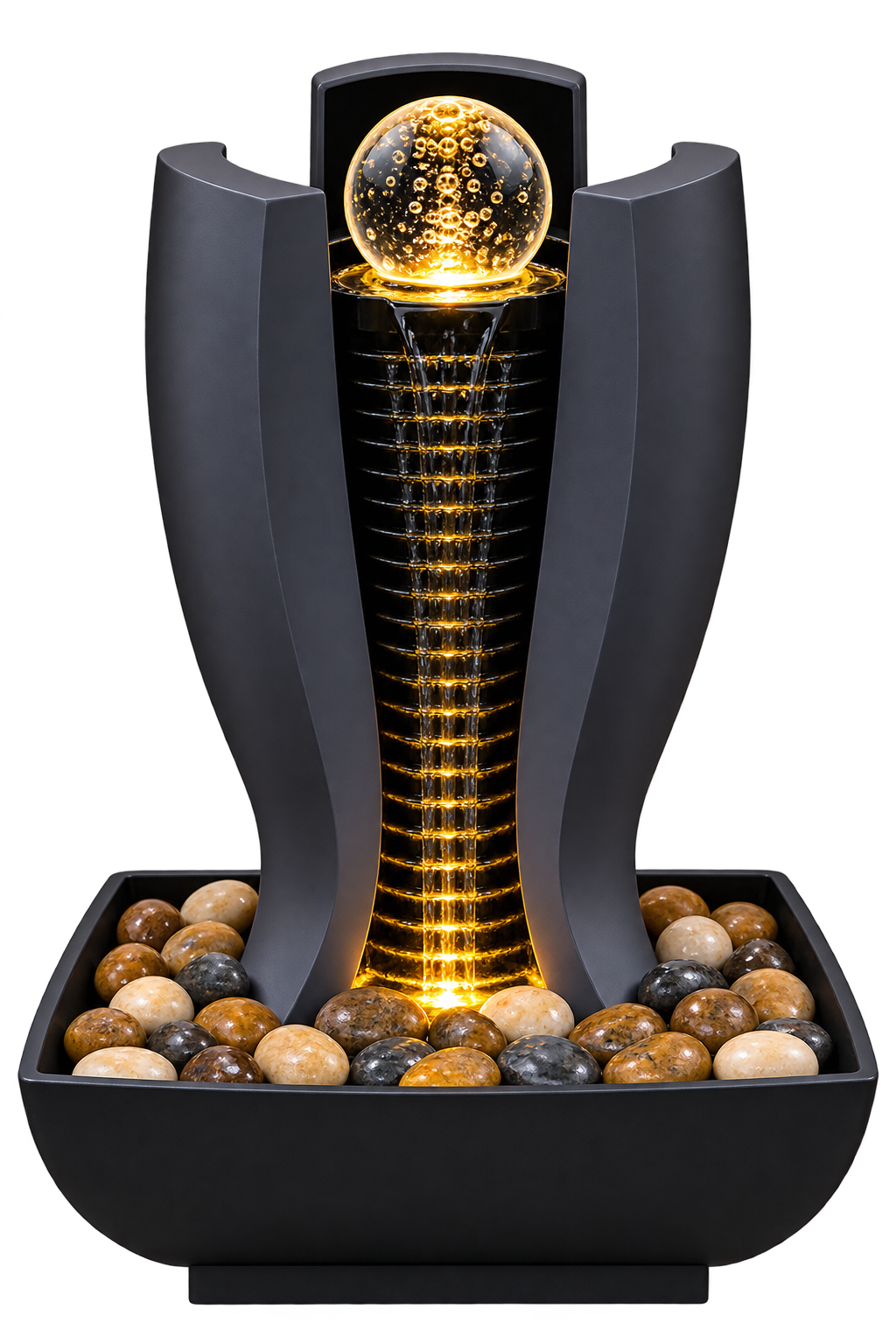 Luxury Black Tabletop Water Fountain with Crystal Ball, LED Light & Decorative Stones