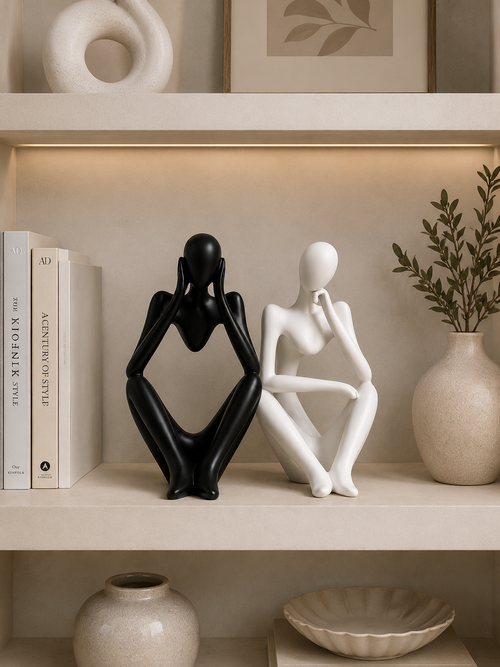 Abstract Thinker Couple Sculpture Set | Modern Black & White Resin Home Decor Figurines