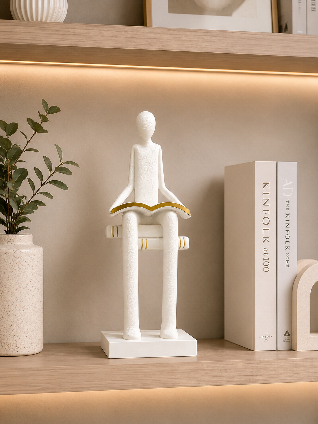 Modern Sitting Reader Sculpture | White Resin Book Lover Figurine | Minimalist Home Decor
