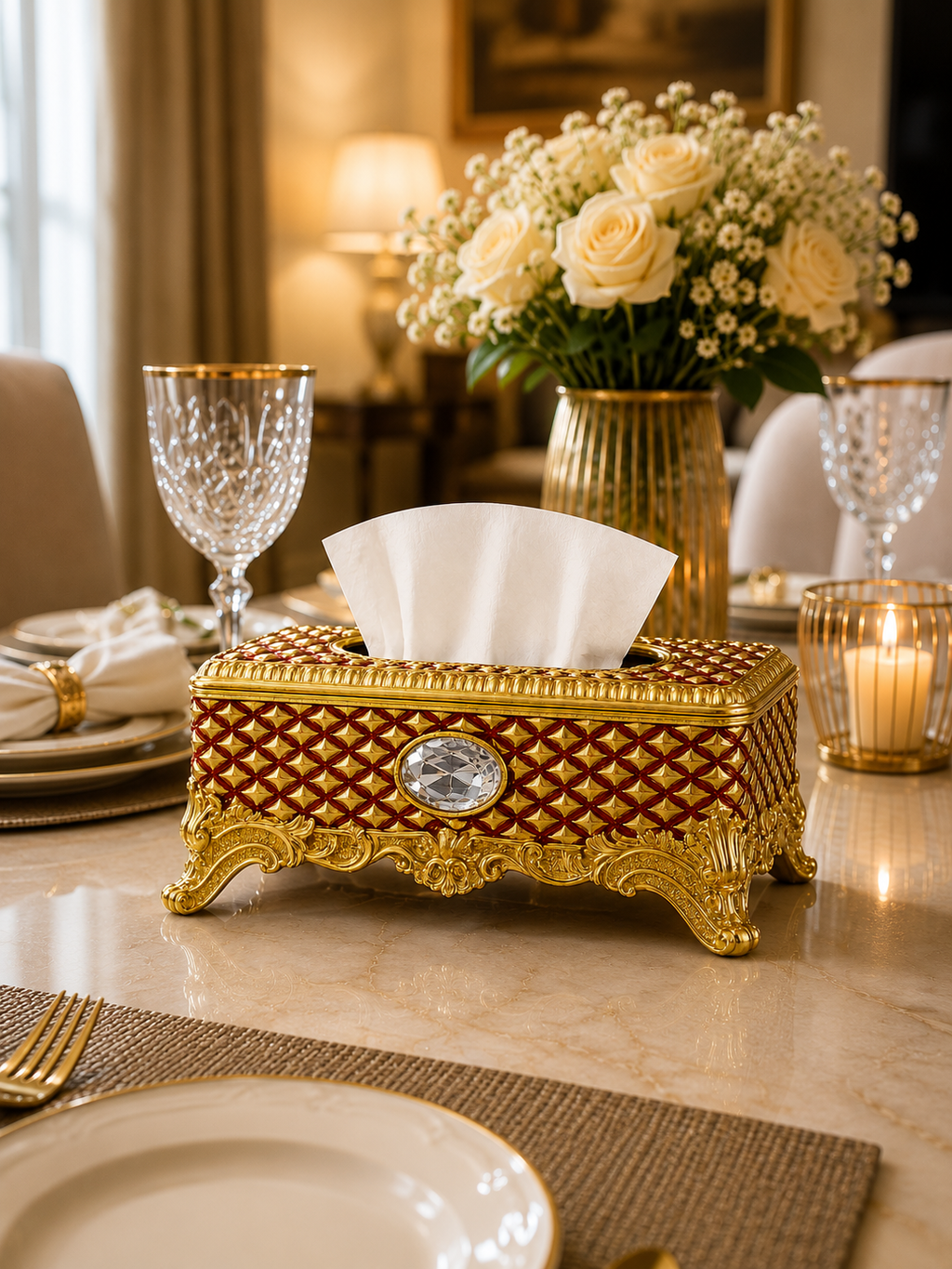 Decorative Gold Tissue Case | Premium Tabletop Tissue Organizer
