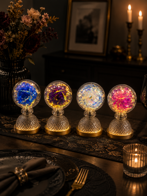 Enchanted Holographic Flower Acrylic Globe Lamp – Luxury Diamond Base LED Night Light