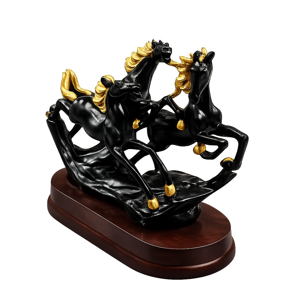 Fiber Horse "Majestic Horse" Three Running Horses Statue – Premium Black & Gold Resin Sculpture With Classic Wooden Base