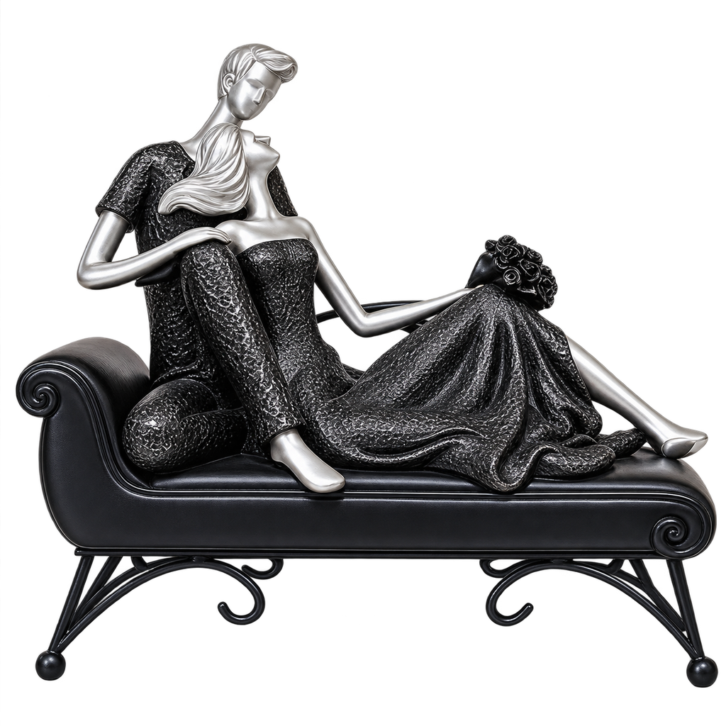 Elegant Romantic Couple on Chaise Lounge Decorative Sculpture – Modern Black & Silver Resin Figurine