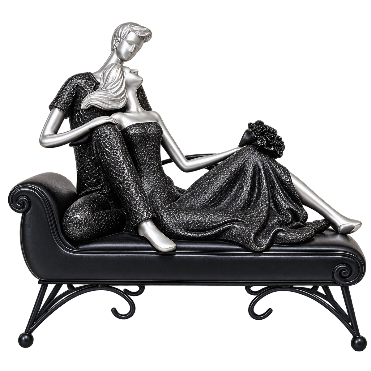 Elegant Romantic Couple on Chaise Lounge Decorative Sculpture – Modern Black & Silver Resin Figurine