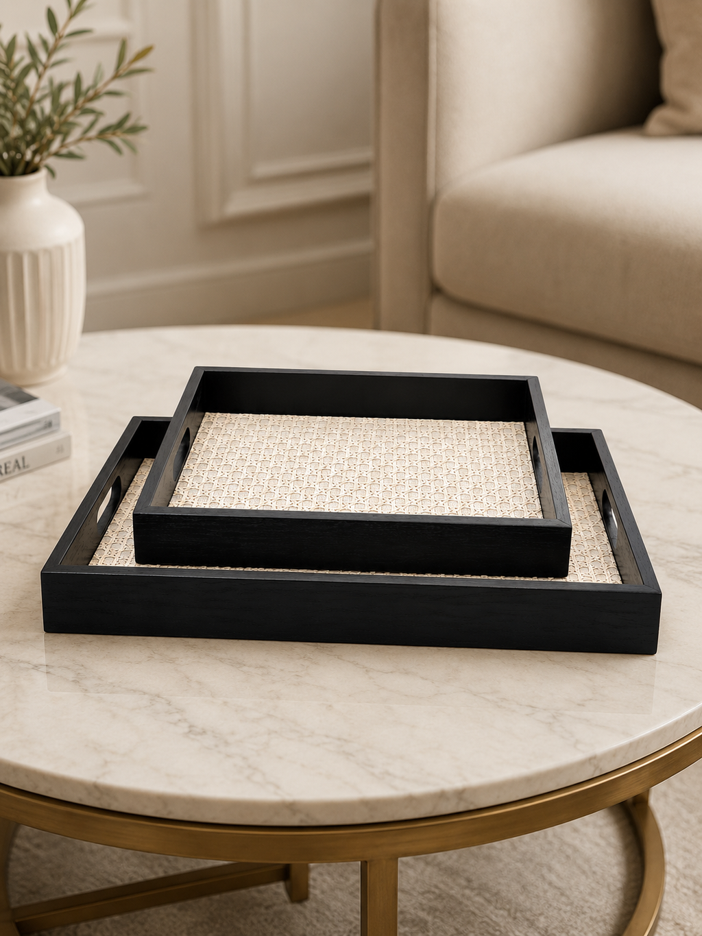 Set of 2 Black Wooden Serving Trays with Woven Rattan Base | Decorative & Serving Tray Set