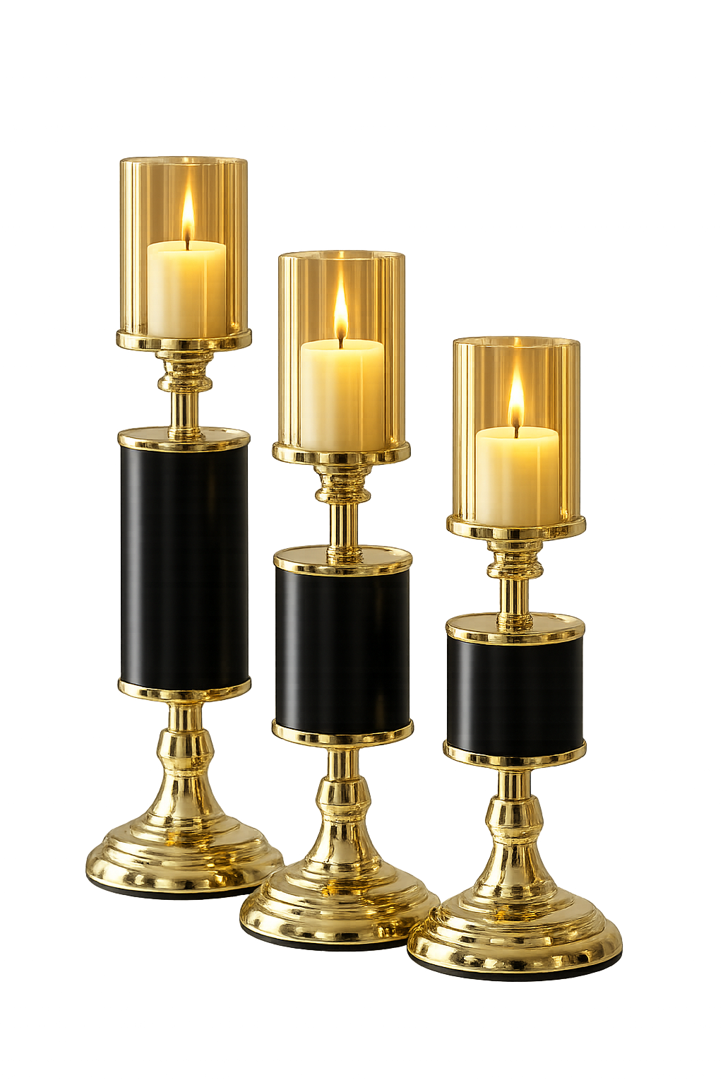 Luxury 3-Piece Glass Hurricane Candle Holder Set | Black & Gold Metal Candle Stands with Glass Shades | Modern Table Centerpiece