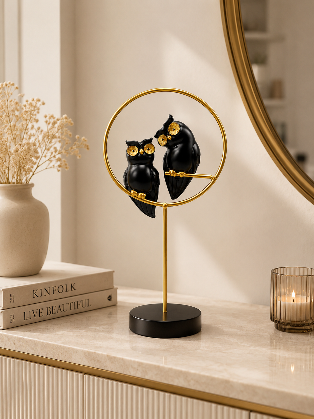 Modern Black & Gold Owl Couple Decorative Showpiece – Luxury Tabletop Home Decor Statue