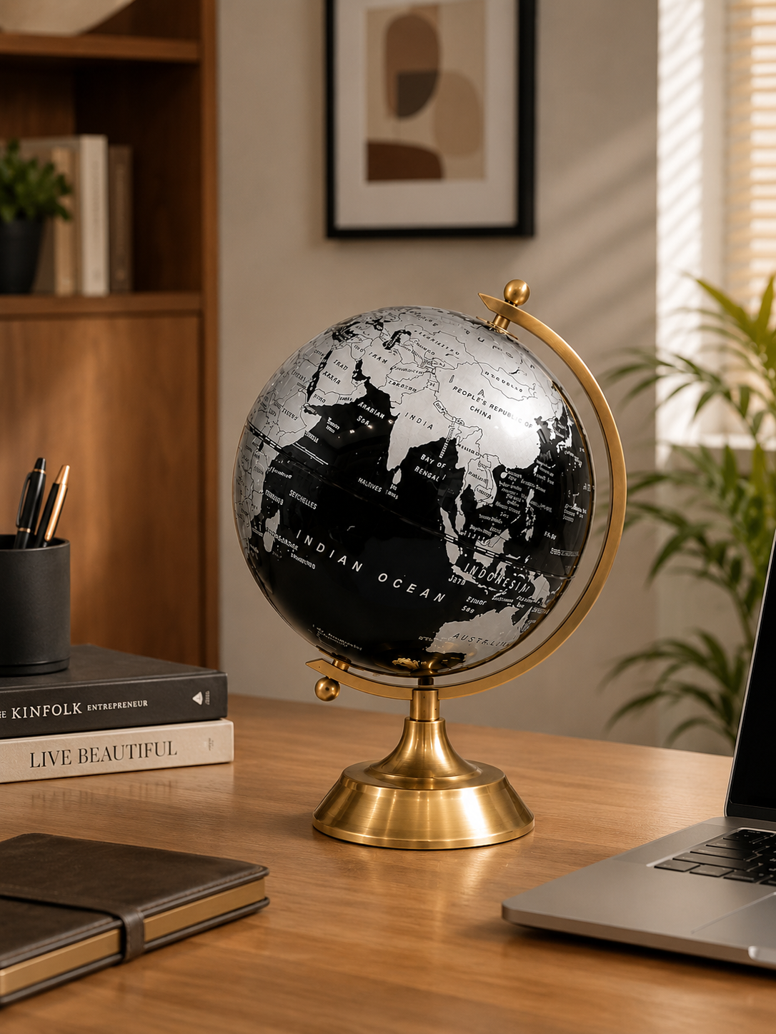 Luxury Black & Silver World Globe with Gold Stand – Decorative Rotating Tabletop Globe