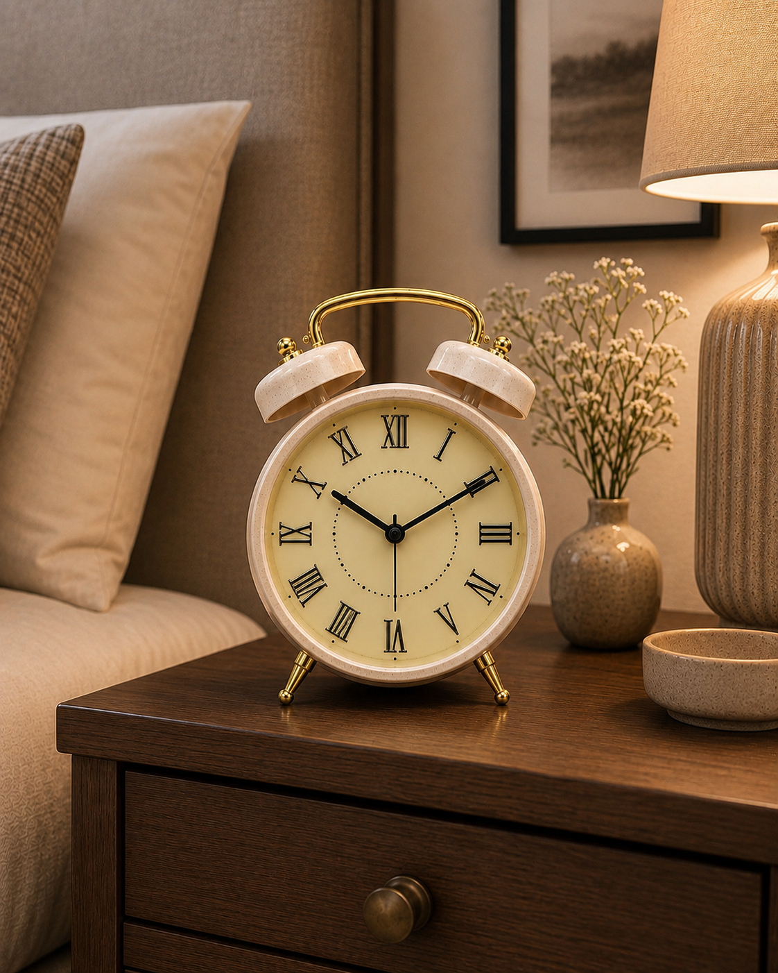 Vintage Roman Numeral Resin Alarm Clock – Luxury Table & Bedside Desk Clock