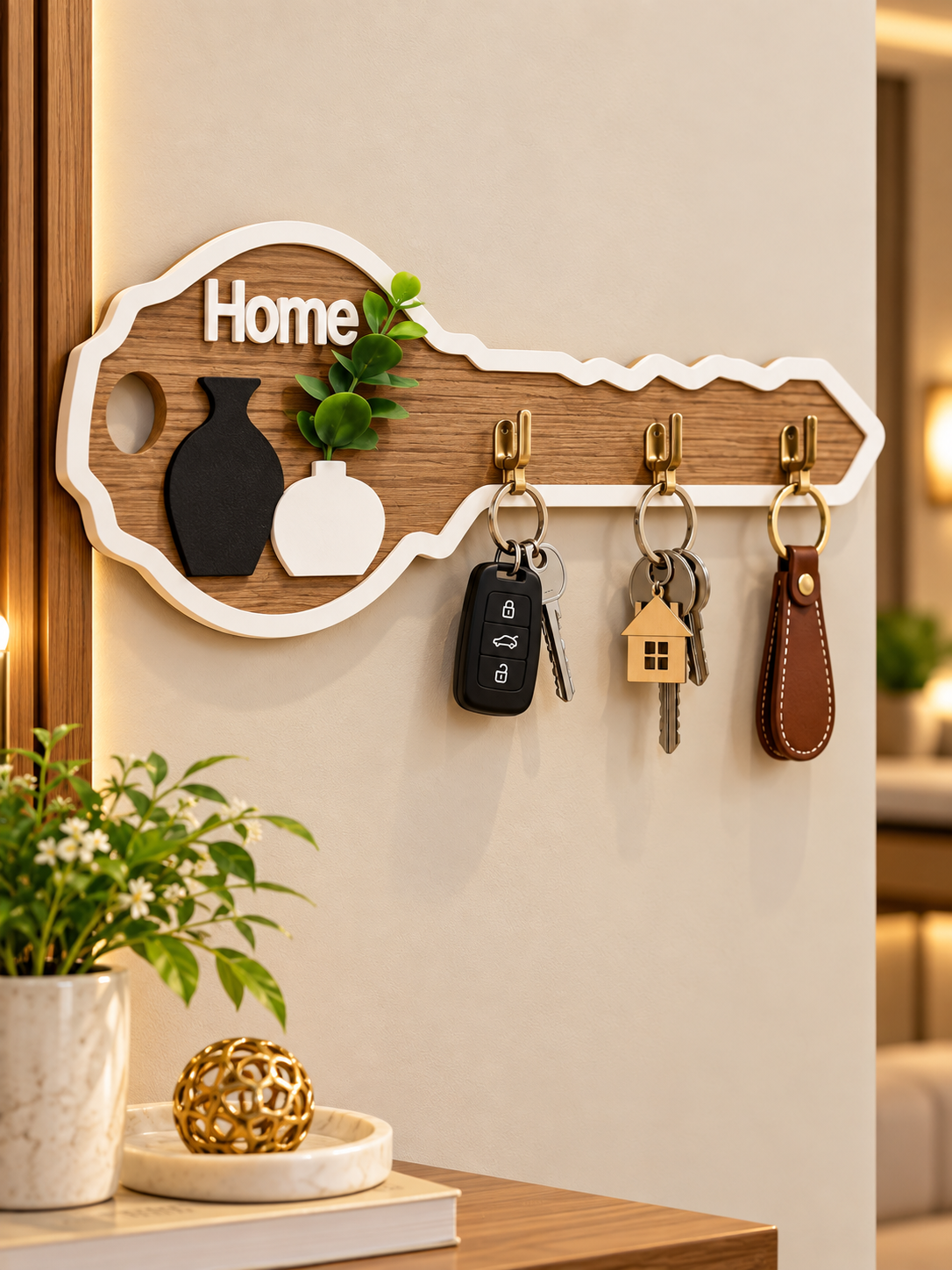 Decorative Wooden Key Holder – Home Wall-Mounted Key Rack with 3 Hooks