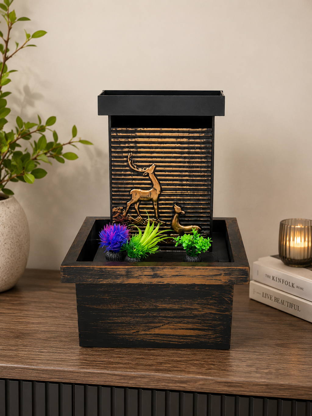 Rustic Deer Tabletop Water Fountain | Decorative Indoor Waterfall Fountain for Home & Office