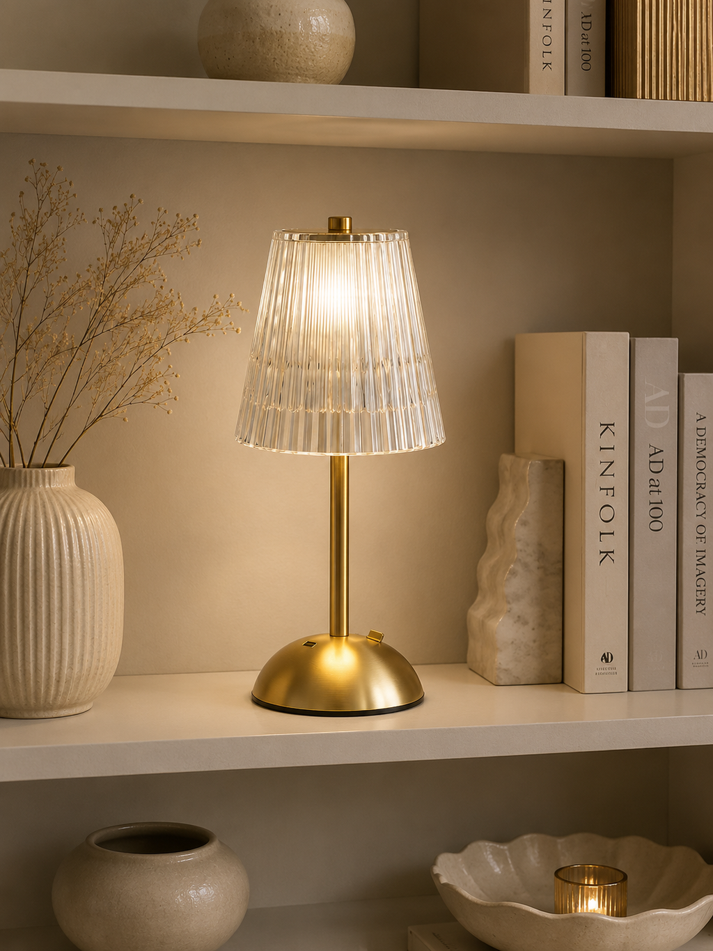 Luxury Gold Rechargeable LED Table Lamp with Acrylic Shade | Modern Bedside & Desk Lamp