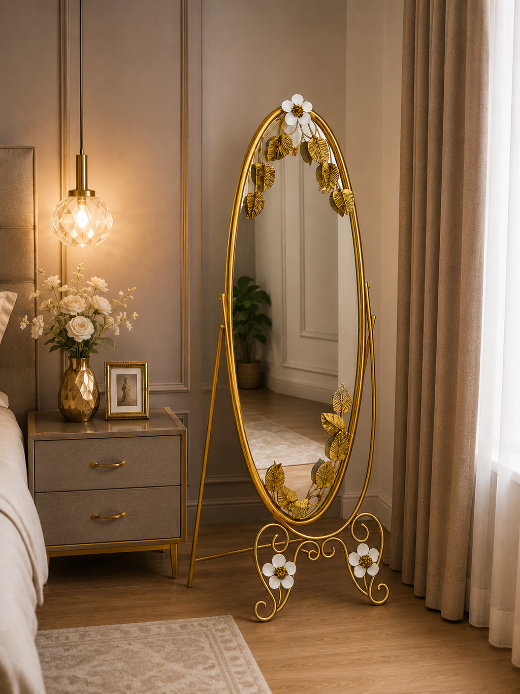 Luxury Gold Floral Standing Floor Mirror | Oval Full-Length Decorative Mirror