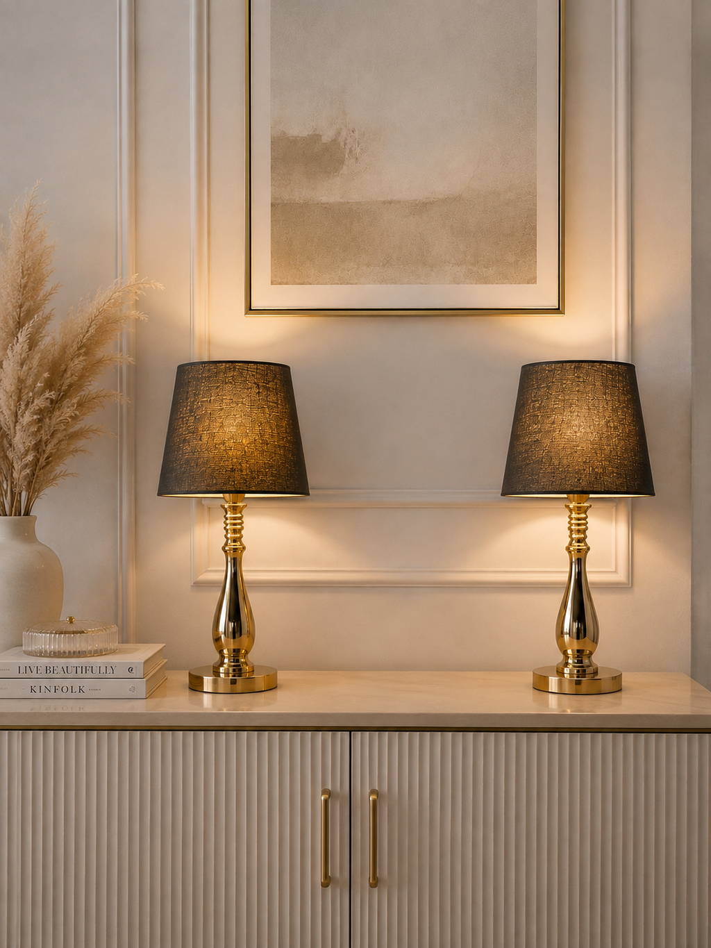 Luxury Gold Metal Table Lamp with Black Fabric Shade | Modern Bedside & Living Room Lamp