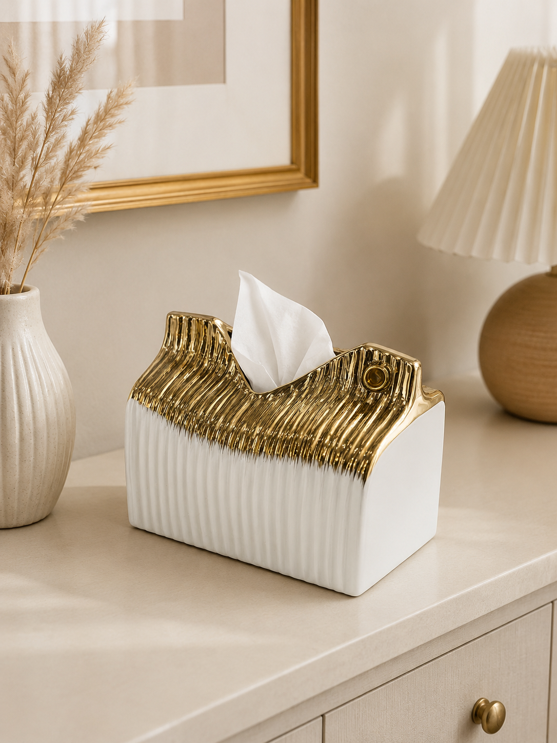 Luxury White & Gold Tissue Box Cover – Modern Ceramic Decorative Tissue Holder for Home & Office