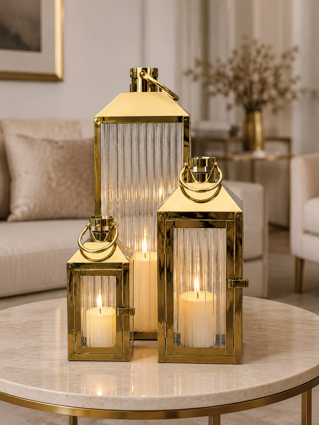 Luxury Gold Metal & Ribbed Glass Lantern Set – 3 Piece Decorative Candle Holders