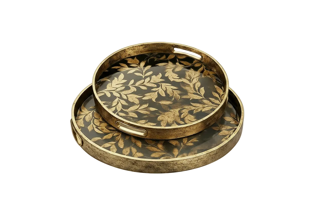 Set of 2 Round Decorative Serving Trays | Luxury Gold Leaf Design with Handles