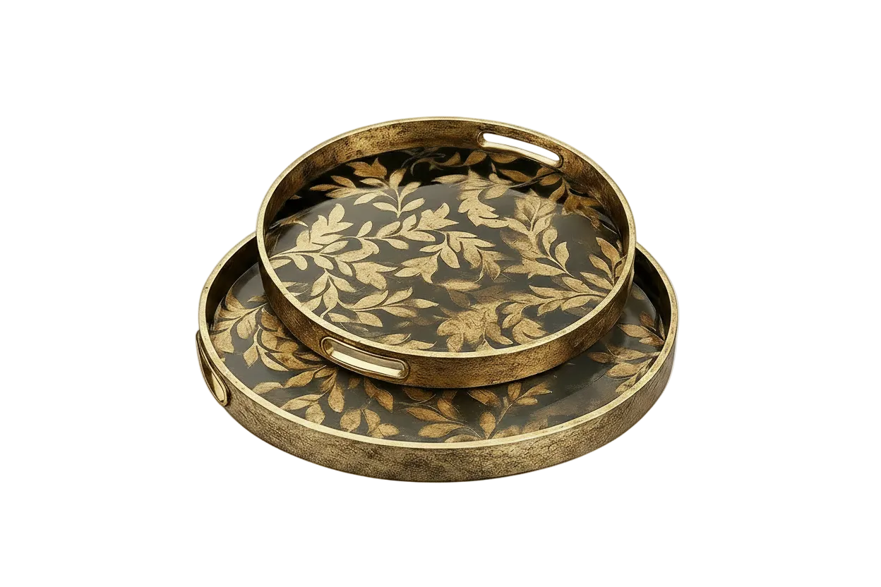 Set of 2 Round Decorative Serving Trays | Luxury Gold Leaf Design with Handles