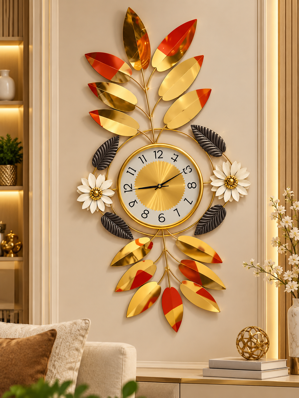 Luxury Gold & Red Leaf Wall Clock – Elegant Floral Decorative Metal Wall Art