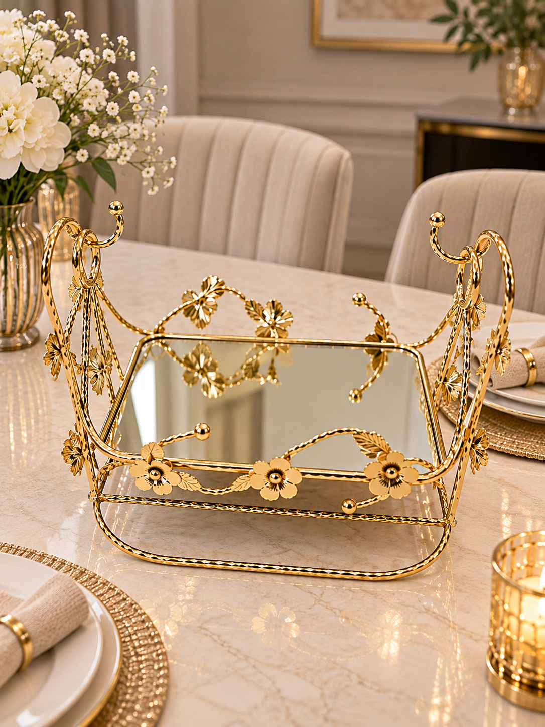 Luxury Gold Floral Mirrored Serving Tray with Decorative Handles