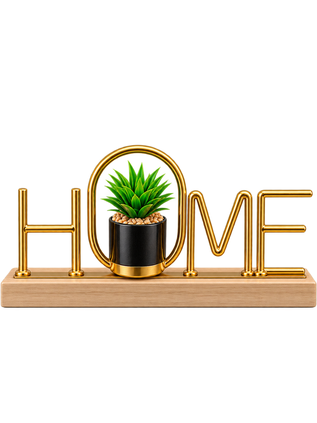 Gold HOME Letter Decorative Planter with Artificial Green Plant – Elegant Tabletop Home Decor