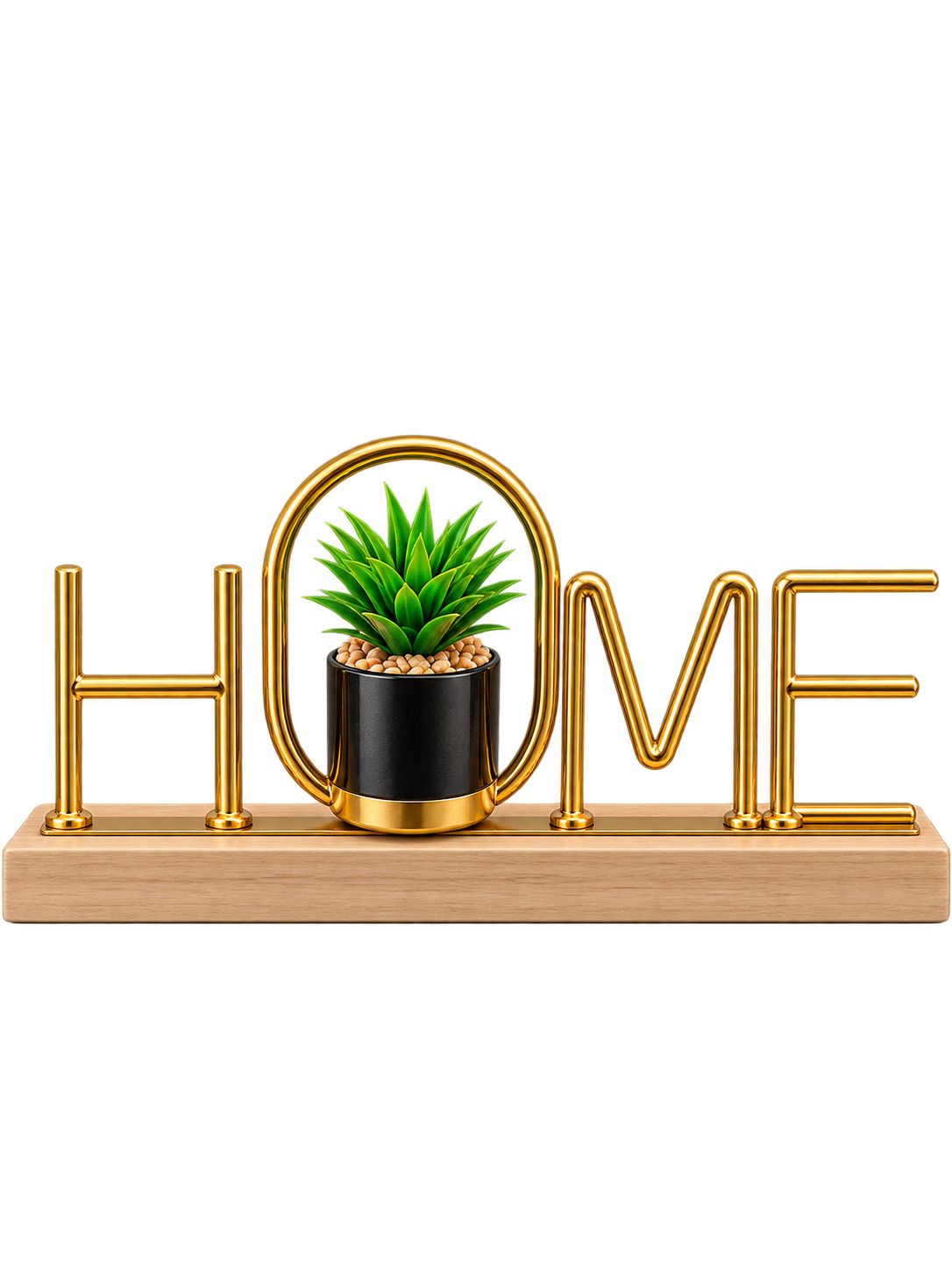 Gold HOME Letter Decorative Planter with Artificial Green Plant – Elegant Tabletop Home Decor