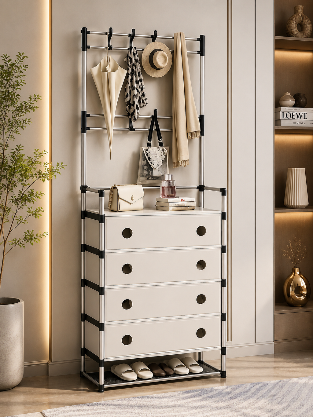 4 Drawer Entryway Organizer with Coat Rack | Hall Tree Storage Cabinet | Shoe Rack & Hanging Stand | Modern Multifunction Storage Unit