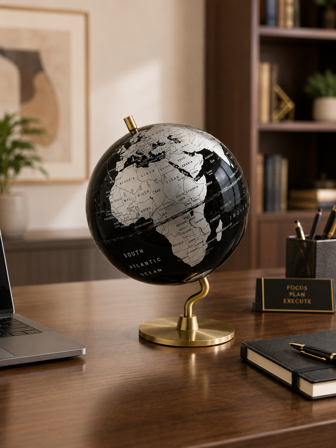 Premium Rotating World Globe with Elegant Gold Metal Stand | Black & Silver Decorative Globe for Office