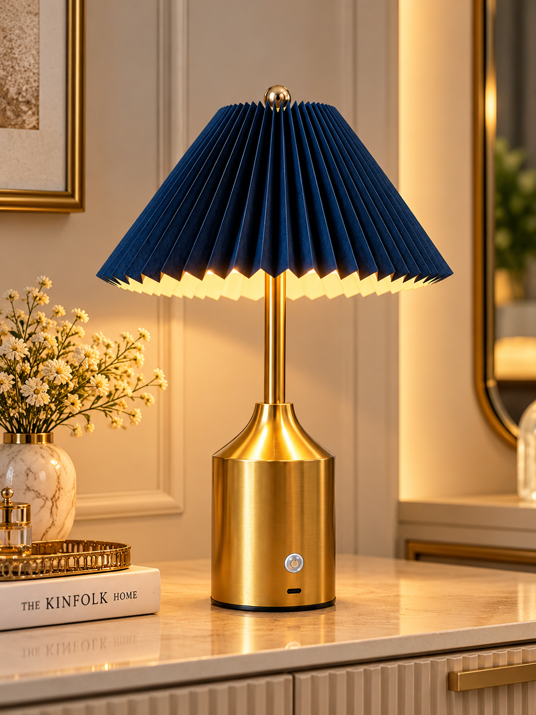 Luxury Gold & Navy Blue Pleated Table Lamp | Modern Bedside Lamp