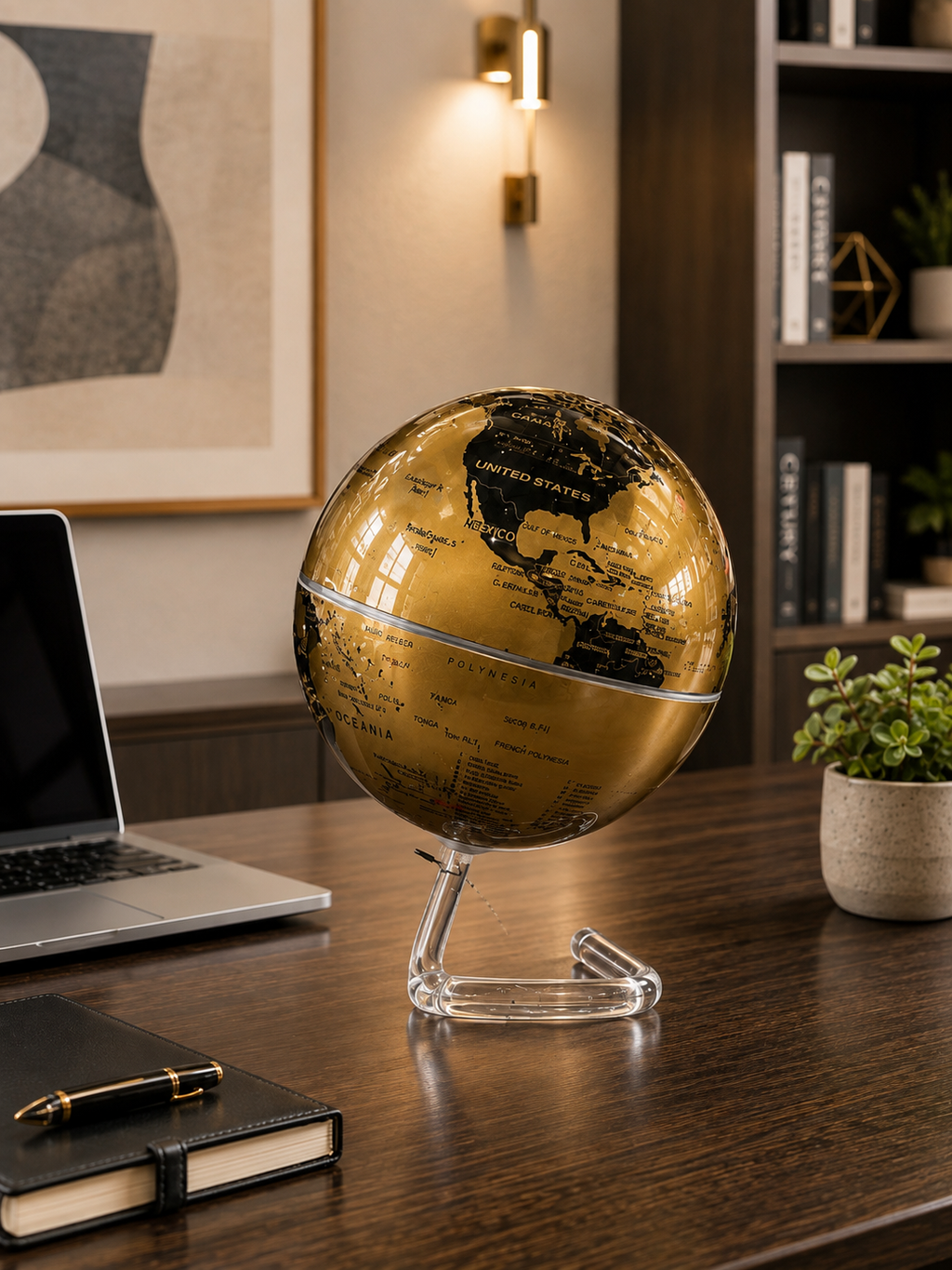 Premium Rotating Golden World Globe with Transparent Stand | Luxury Decorative Spinning Globe for Office, Home & Study